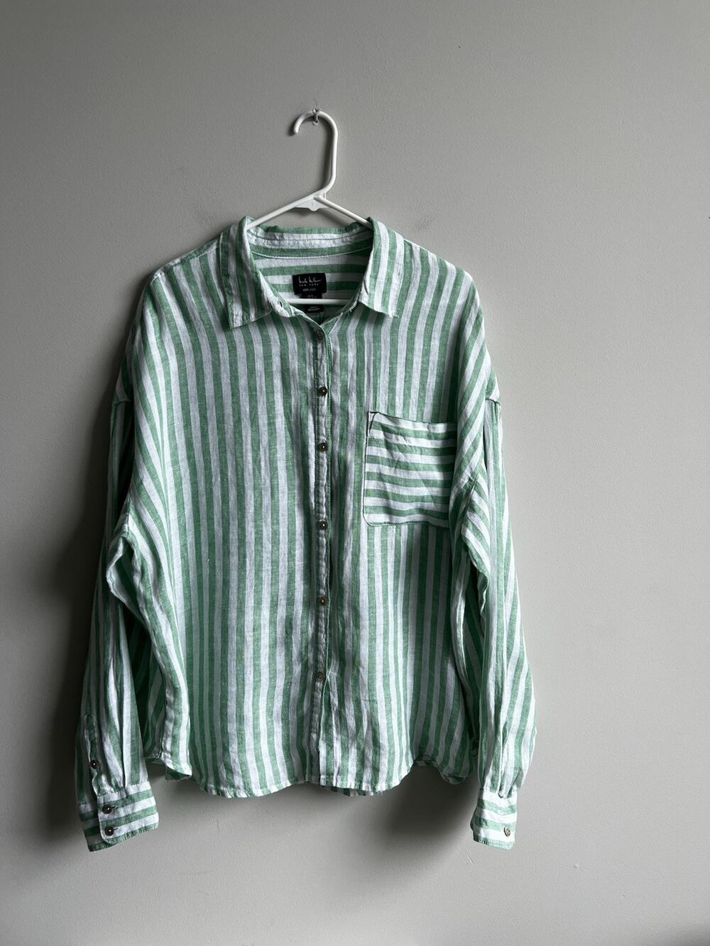 Nicole Miller Top 100% Linen Striped Button Down XL Green White NWOT Coastal